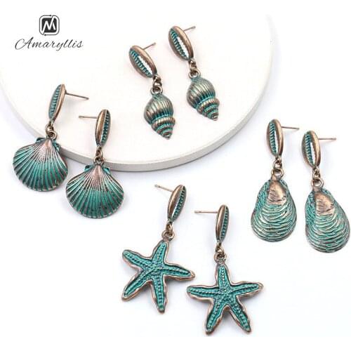 Amaiyllis Bohemia Marine life Stud Earrings Vintage Sea Shell Seasnail Seastar Oyster Statement Earrings Ocean Charms Earrings