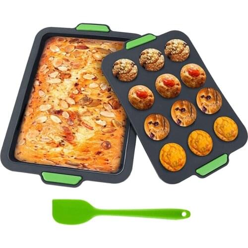 Silicone Kitchen Muffin Trays Baking Trays Set,Non-Stick Muffin Cupcake Baking Mould for Biscuits(with Scraper)
