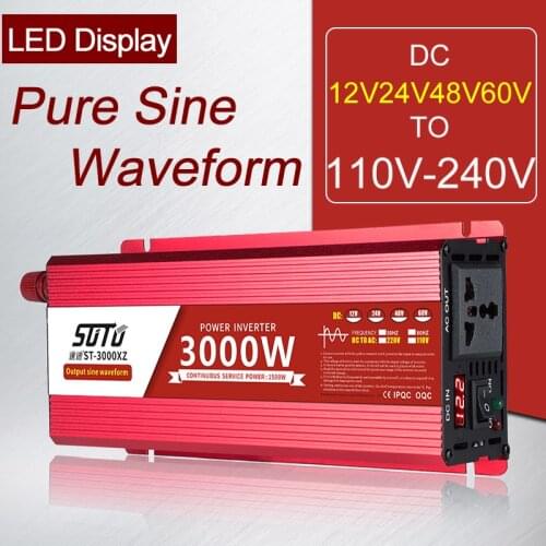 Universal Inverter DC 12V24V48V60V to 110V-240V LCD Screen Inverter 1600W/2200W/3000W Pure Sine Waveform Power Converter 50/60HZ