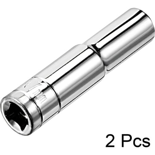 Uxcell 2Pcs Silver Tone 1/4-inch Drive 7mm Cr-V 6-Point Deep Socket for Heavy-duty Pneumatic Tools