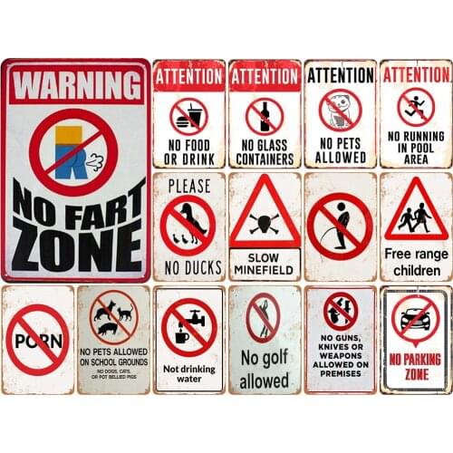 Vintage Metal Plaques of Warning No Fart Zone Attention No Food or Drink No Pets Allowed No Parking for Bar Decorative Yard Sign