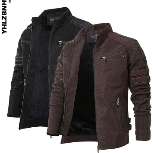 YHLZBNH Men Winter Leather Outfit Fleece-Lined Stand Collar Long-Sleeves Motorcycle Washed Retro Coat With Zipper European