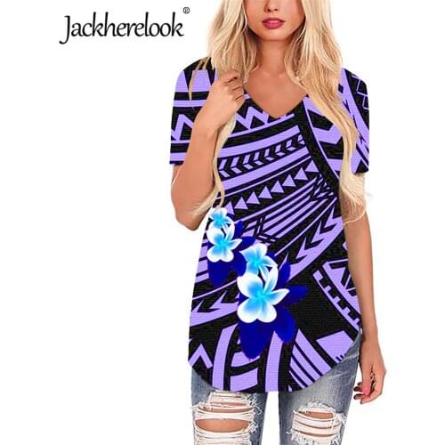 Jackherelook Samoa Polynesian Tribal Hibiscus Brand Designer V-neck Loose T Shirts for Ladie Summer Casual Tops Tee Tshirt Mujer