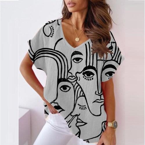 Vintage Pattern Face Print Cotton Blouse Women Summer Short Sleeve Loose Shirt Pullover 2021 Spring V Neck Streetwear Tops Blusa