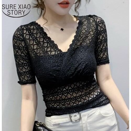 2021 New Lace Women Short Sleeve Sexy V-neck Lace Upper Garment Fashion Western Style Solid Small Shirt Send Wrap-around 9631