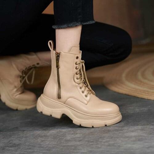 MORDOAN Genuine Cow Leather 2021 Autumn Womens Boots Flat Heel Round Toe Platform Shoes Women