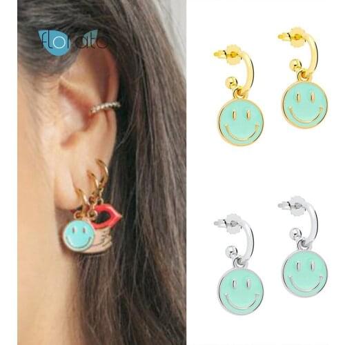 925 Silver Ear Needle Cartoon Smiley Lovely Stud Earrings For Women C Shape Gold Color CZ Pendientes Earrings Fashion Jewelry