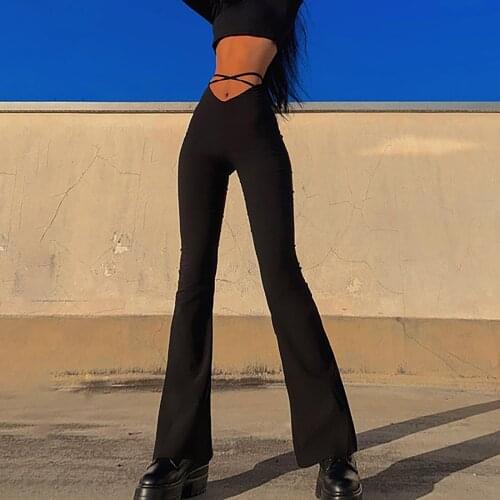 Womens Loose Summer Pants Revealing Umbilical Cross Boot Cut Pants Flared Casual Long Pants Female Dancing