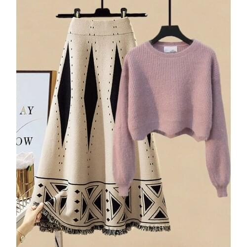 Plus Size Women Knitted Two Pieces Sets Korean Long Sleeve Pullover Sweater Top And High Waist Irregular Patchwork Skirts Sets