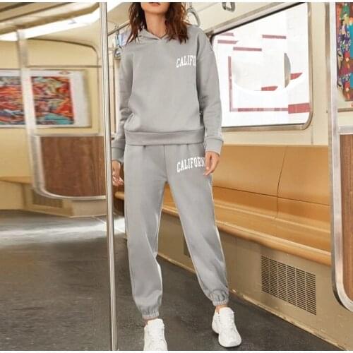 Nowsaa Women Hoodie Two Piece Sets Tracksuit Loose Letter Print Hooded Sweatshirts Long Pant Sets Elegant Jogging Sets Sport