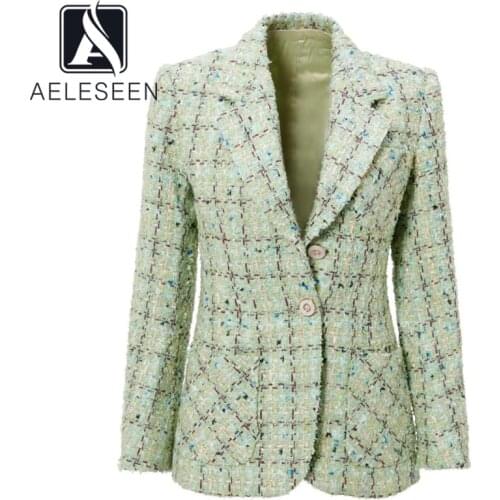 AELESEEN Designer Fashion Women Suit Jacket Coat Autumn Winter Long Sleeve Green Plaid With Pocket Elegant Jacket