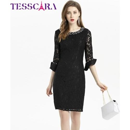 TESSCARA Women Elegant Beading Lace Dress Festa High Quality Vintage Office Cocktail Party Robe Femme Designer Pencil Vestidos