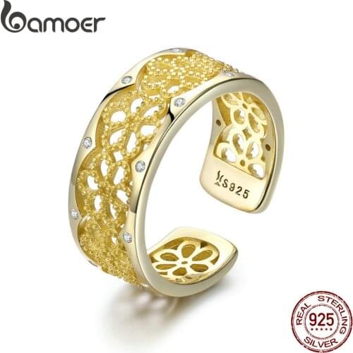 BAMOER 100% 925 Sterling Silver Lace Charming Finger Rings for Women Adjustable Ring Wedding Engagement Jewelry anel SCR460