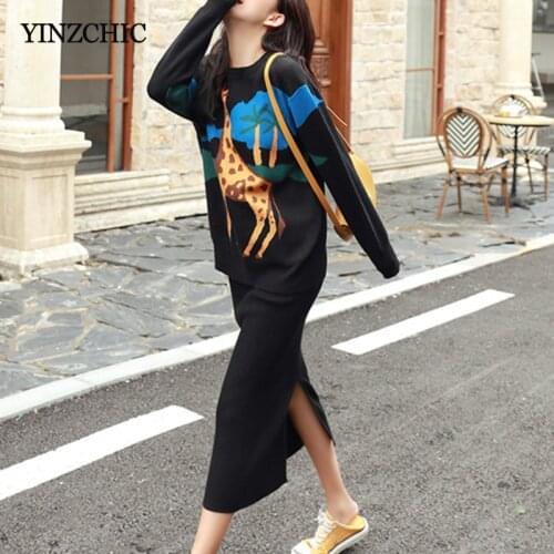 Winter Woman Knitted Warm Sets Brand New Ladies Loose Sweater Pencil Skirt Suits Two-pieces Knit Sweater Skirt Set Woman