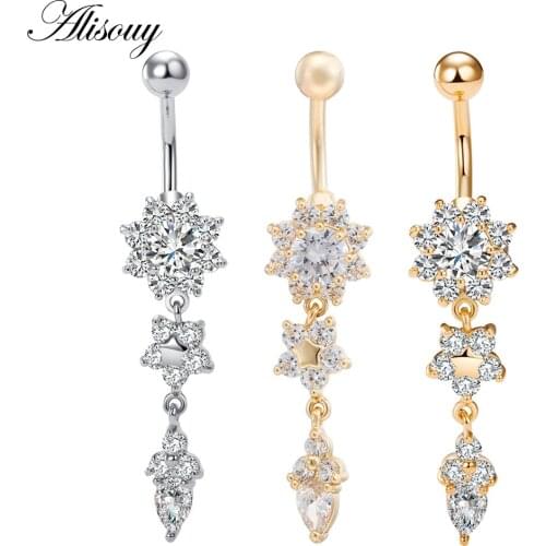 Alisouy Fashion Women Girl Zircon Flower Dangle Crystal Navel Belly Rings Beach Navel Piercing Body Jewelry piercing navel ring