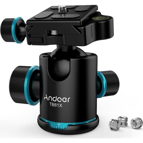 Andoer TB81X Tripod Head Ball Head Rotating Panoramic Ball Head with 3pcs 1/4" to 3/8" Srew Adapters for Monopod DSLR Camera