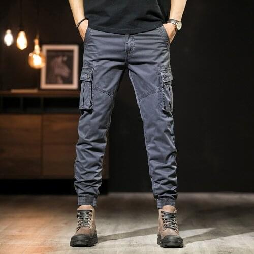 Washed casual cargo pants men American popular fashion joggers men Retro smoke gray mens overalls