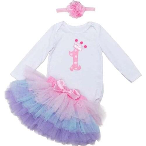 Baby Girls 1st Birthday Dress Outfits Toddler Long Sleeve Pink Crown Romper +Tutu +Headband Sets 1 Year Party Dress for Baby 12M