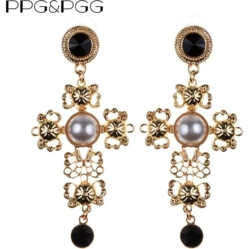 PPG&PGG Europe Byzantine high quality Retro style dinner party Jesus cross shape Dangle Similar Pearl Earrings Women jewelry