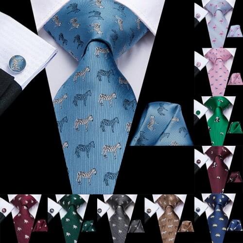 Hi-Tie Print Christmas Ties for Men Hanky Cufflinks Set Animal Zebra Cartoon Silk Gift For Men Jacquard Gravatas Large Mens Tie