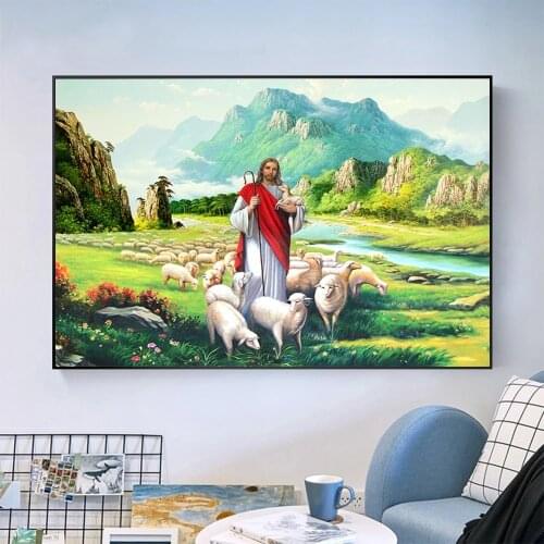 Victorian religious shepherd Jesus' art prints and posters printed on canvas decorate the family living room. Frameless painting