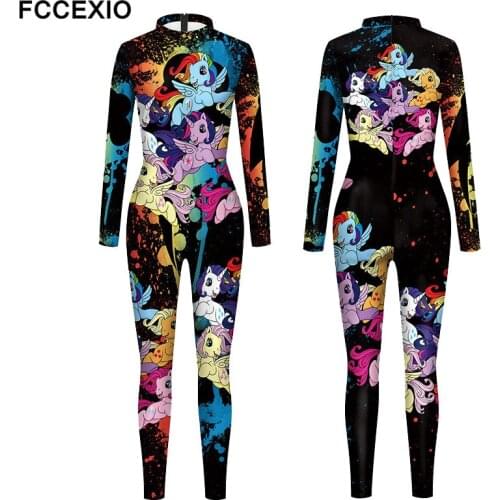 FCCEXIO Cartoon Black Unicorn Print Sexy Bodysuits Women Plus Size Long Sleeve Rainbow New Jumpsuit Skinny Party Slim Jumpsuits