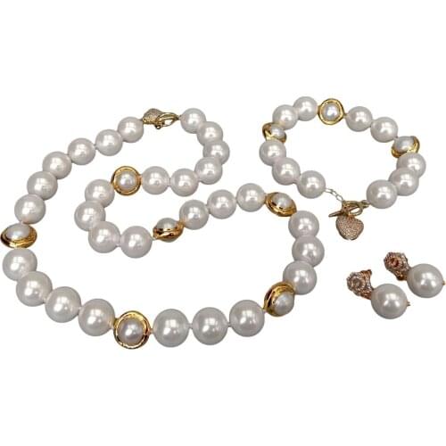 14mm White Sea Shell Pearl Cultured White Pearl Electroplated Necklace Bracelet Earrings Set For Women Wedding Jewelry