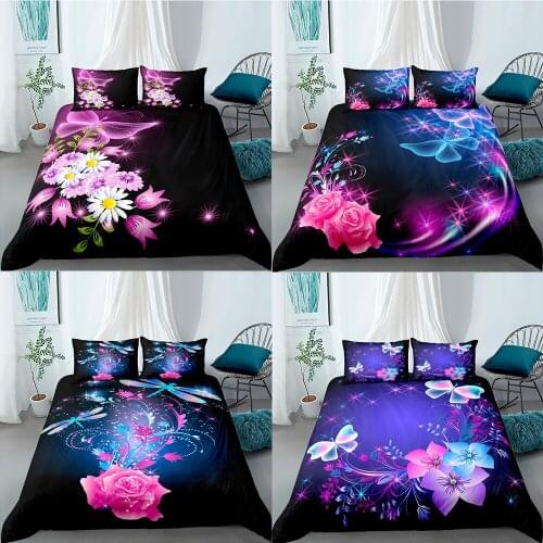Beautiful Butterflies Flower 3D Bedding Set Luxury Duvet Cover Sets Rose Bedclothes Queen King Double Quilt Cover Home Texiles