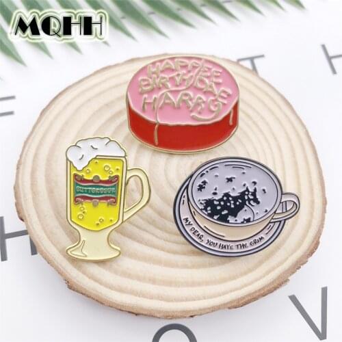 Cartoon Fun Birthday Cake Beer Coffee Enamel Brooch Pin Custom Alloy Badge Denim Clothes Bags Accessories Cute Punk Jewelry Gift