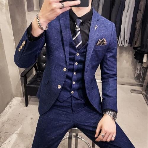 7XL ( Jacket + Vest + Pants ) High-end Fashion Classic Plaid Mens Formal Business Suit 3Pces Set Groom Wedding Dress Prom Party