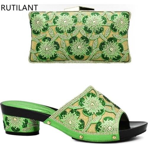Latest Green Color Nigerian Party Shoe and Bag Sets Italian Shoes and Bags To Match Shoes with Bag Set Decorated with Rhinestone