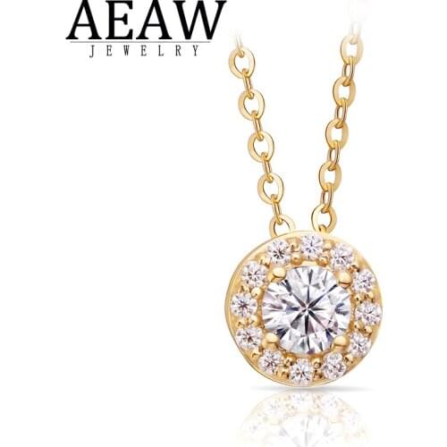 AEAW 0.3carat 4MM D Color VVS1 Round Excellent Cut Moissanite Pendant Necklace Solid Real 18k Yellow Gold For Women