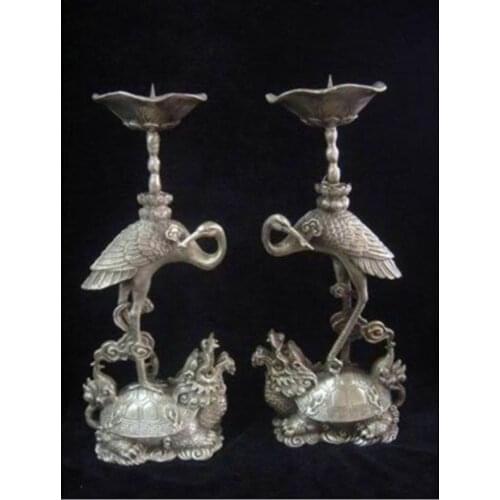 Pair of chinese Tibet Silver candlestick carved turtle crane Free shipping