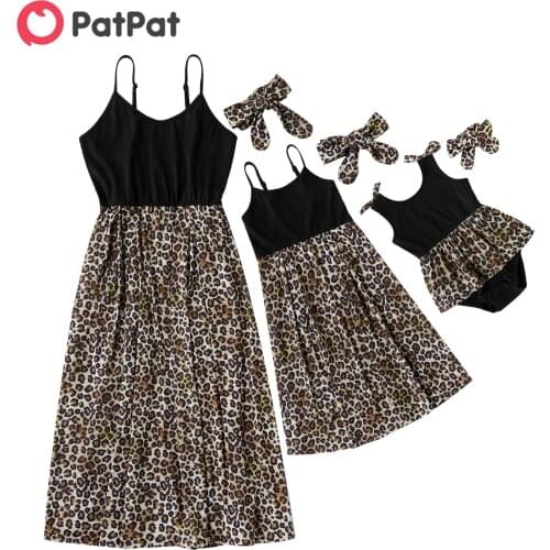 PatPat 2021 New Arrival Mosaic Mommy and Me Leopard Tank Dresses Bowknot Rompers with Headband