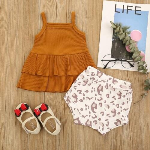 2 Pcs Newborn Casual Outfits Baby Girl Sleeveless Ruffle Ribbed Tank Top + Leopard Print Pants Summer Kids Girls Clothes