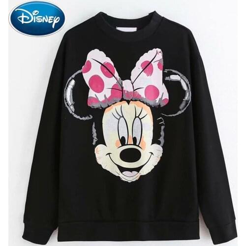 Disney Stylish Cute Minnie Mouse Balloon Cartoon Print Black T-Shirt O-Neck Pullover Fashion Women Long Sleeve Loose Tee Tops