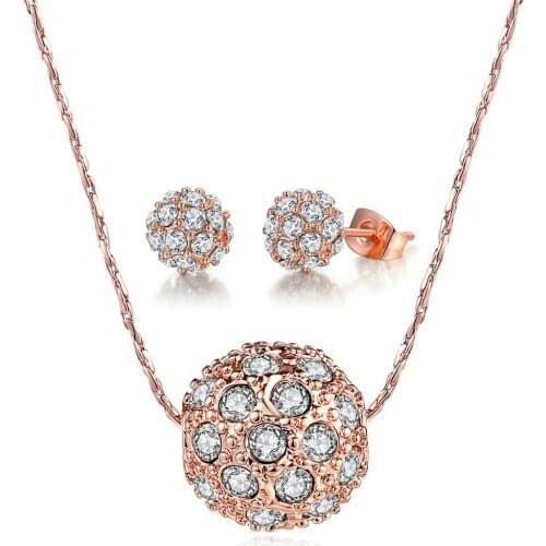 Lucky Ball Round Sets For Women Rose Gold Color Rhinestone Zirconia Party Gift Necklace Earring Fashion Jewelry S095