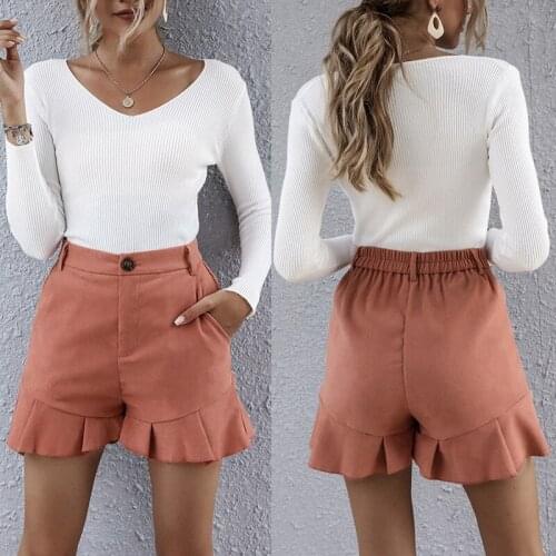 Womens Solid Color Ruffled Wide Leg Shorts Red