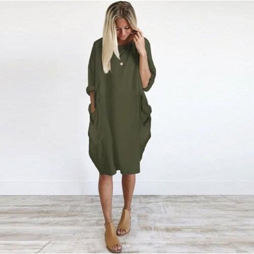 Women Casual Solid Color Round Neck Long Sleeve Pockets Knee-length Baggy Dress Casual Loose Plus Size Dress