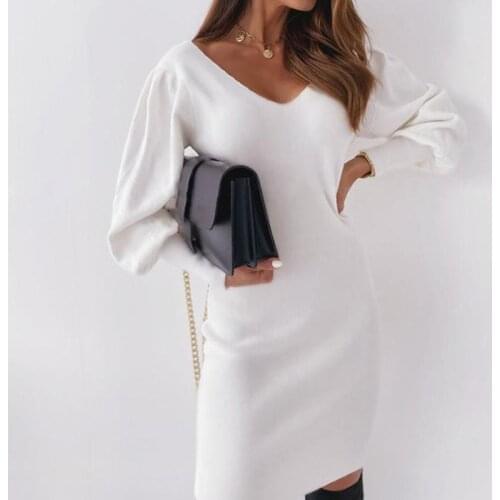 New Women Pencil Dress Elegant Solid Office Lady Slim Dress Sexy V-Neck Open-Back Lace Female Gown Long Sleeve Women Dress