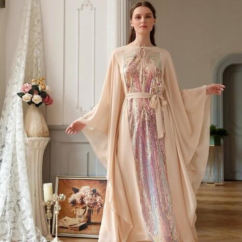 Beige Colorful Butterfly Sleeve Dress Middle East Ramadan Hui Dress Arab Womens Clothing Muslim Dress Women