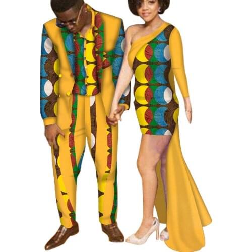2020 Fashion African Couple Clothes Suits Long Skirt Dress for Women African Men Shirt Pant Set New African Clothing WYQ457