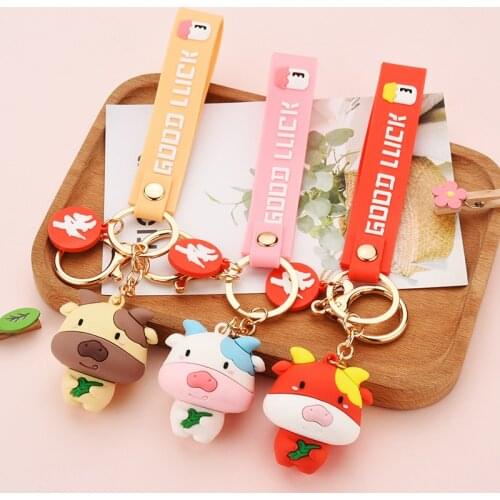 2021 Cute Epoxy Cow Keychain Cartoon Zodiac Cow Pendant Keyring Couple Car Bag Charm Resin Key Chains Accessories Gift