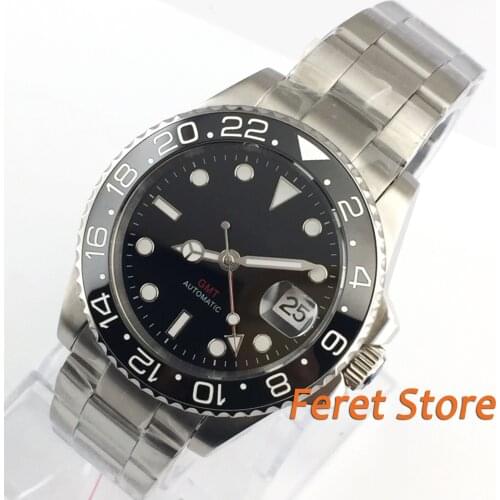 40mm PARNIS no logo mens watch black dial ceramic bezel sapphire glass luminous GMT automatic wrist watch men
