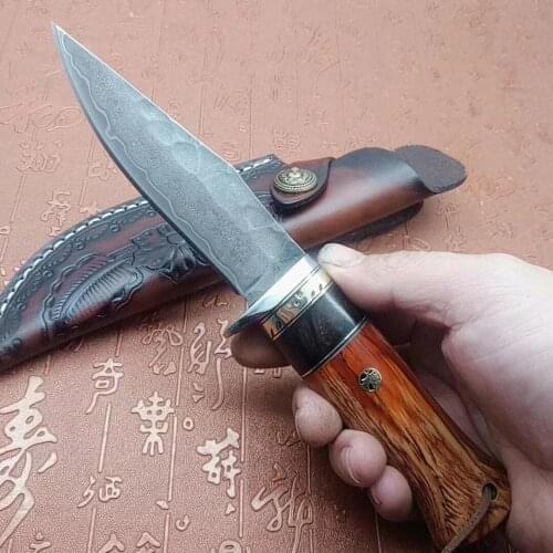 60HRC high quality red shadow handle straight knife Damascus outdoor camping straight knife gift collection