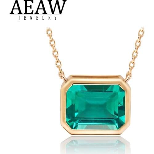 AEAW 3.0ct Carat Lab Grown Colombian Emerald Pendant Necklace Bezel Setting Solid Real 14K Yellow Gold Fine For Women