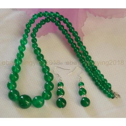 Free shipping Miss charm Jew.106 6-14mm Natural Green Round Beads Necklace 18" Earrings Jewelry Set