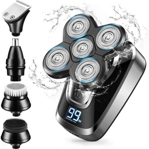 5 in 1 Waterproof Electric Shavers for Men Cordless Rechargeable Rotary Electric Bald Head Razor Grooming Kit with Hair Clipper