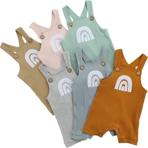 Baby Summer Rompers, Rainbow Print Ribbed Square Neck Sleeveless Jumpsuits for Toddler Girls, Boys, 0-18 Months