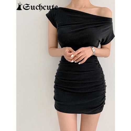 SUCHCUTE Elegent Fashion Mini Dress For Women Casual Basic Slim Outfits Short Dresses Summer Korean Style Bodycon Dress Harajuku